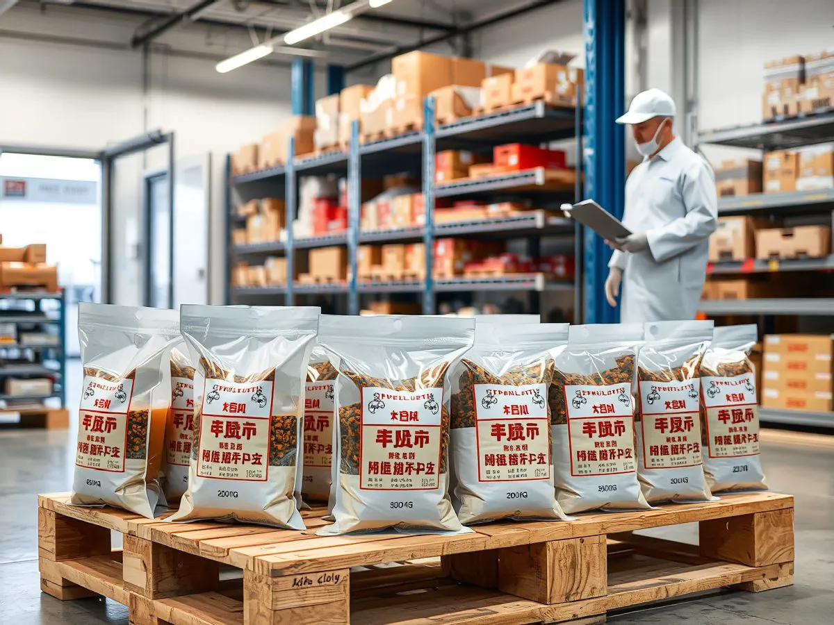 清油火锅底料产品堆放在仓库托盘上,工作人员在检查库存